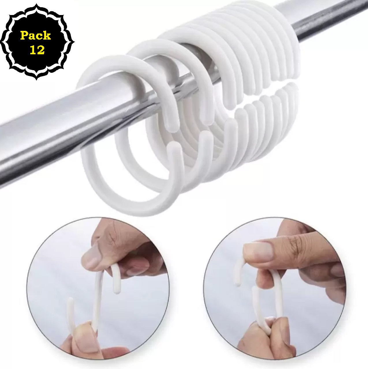 Shower Curtain Plastic Rings, C Shape Bathroom Shower Curtain Liner Hook with Glossy Finish (Natural White)